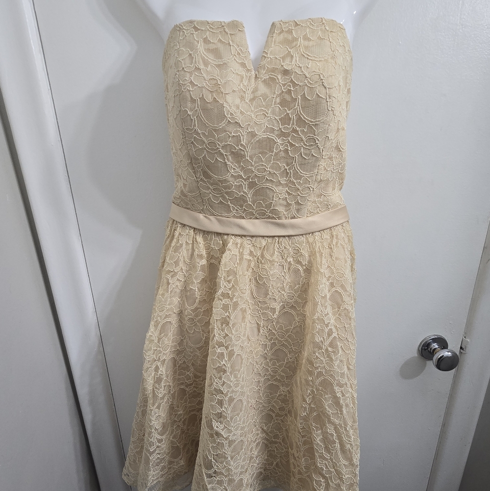 28) Elegant Cream Lace Strapless Dress